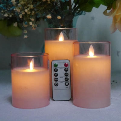 Battery operated wax glass candle with led moving wick flame